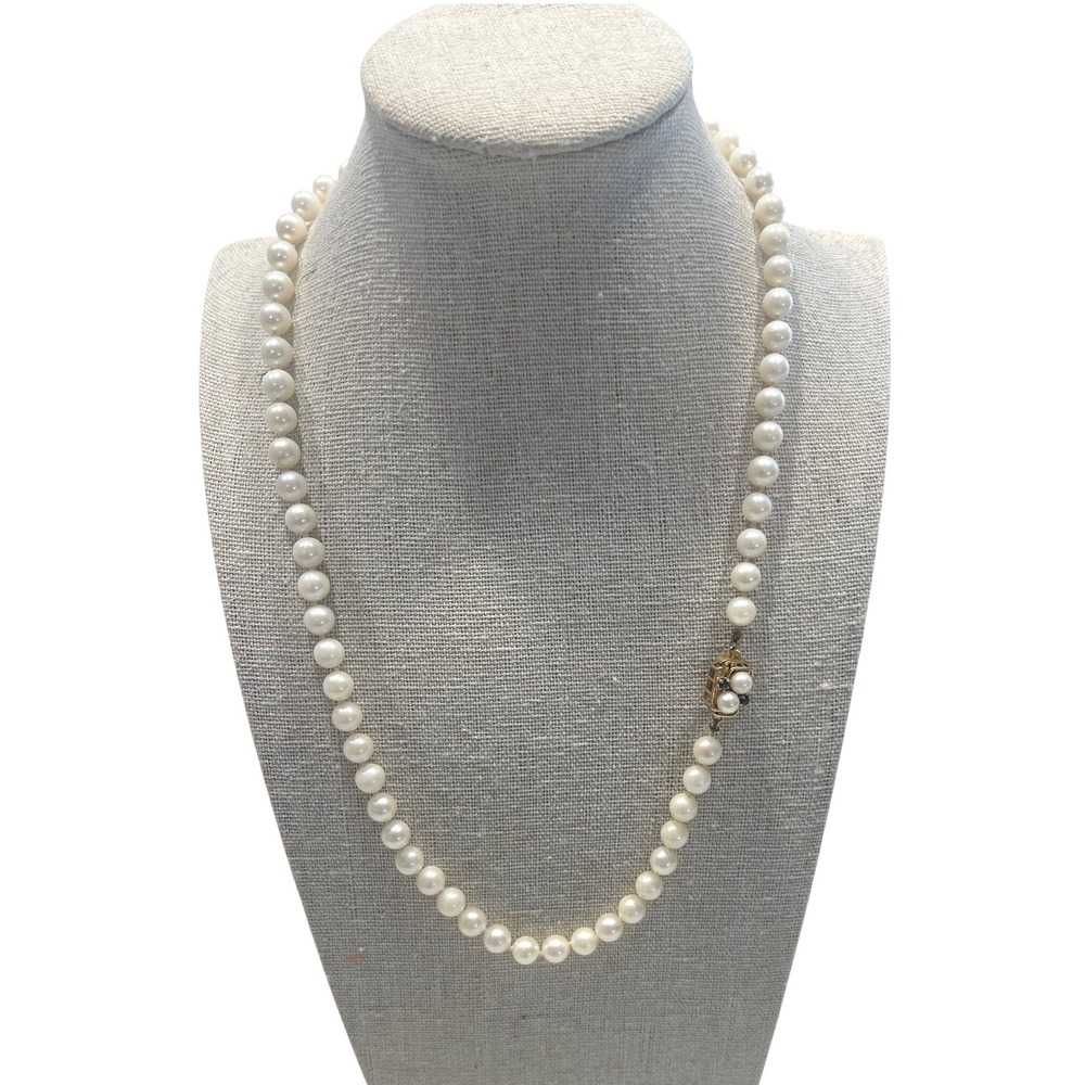 VTG 14K‎ Gold Clasp Cultured Pearl Necklace 6.5–7mm, Knotted, Sapphires, Vintage
